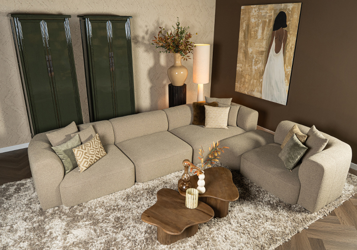 Elementenbank Emanuelle grijs beige stof strakke ronde hoeken - Lounge Zwolle