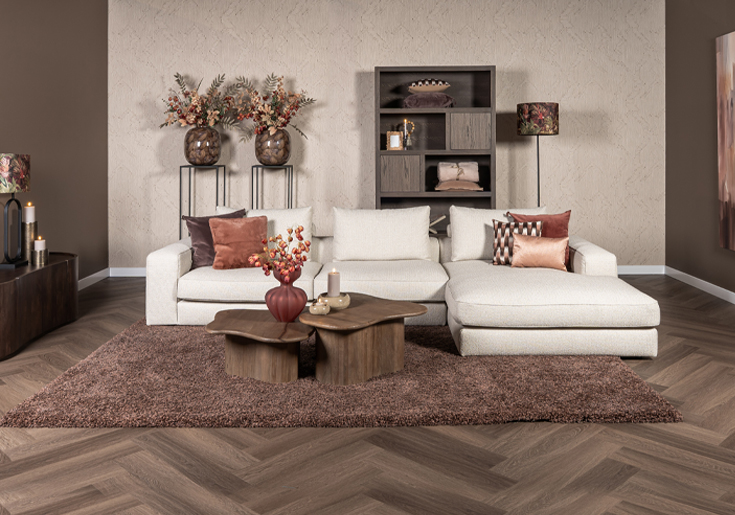 Hoekbank Eva beige liggedeelte met kussens - Woonwinkel Lounge Zwolle
