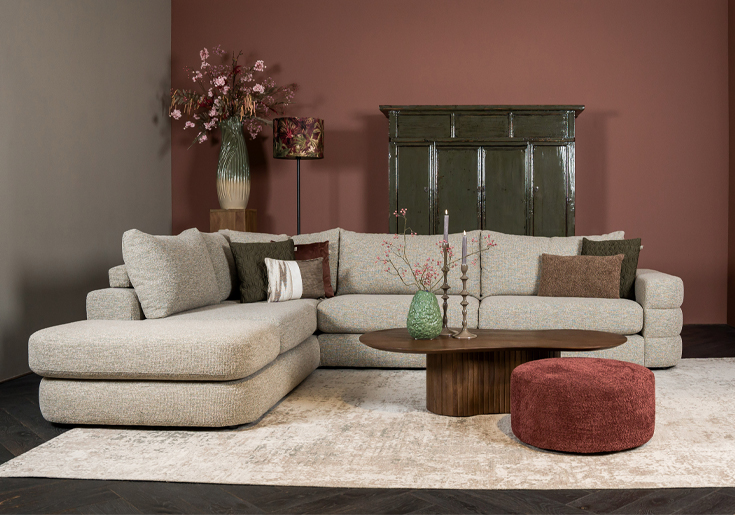 Hoekbank Delphine beige stof met liggedeelte - Woonwinkel Lounge Zwolle