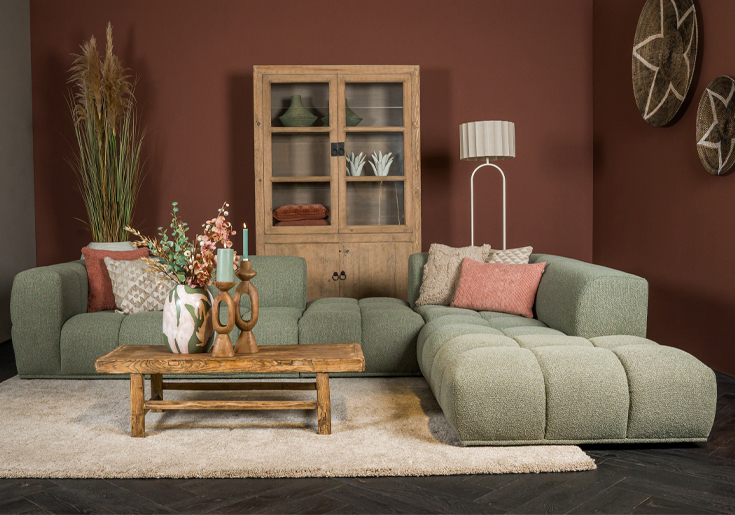 Hoekbank Oriane groen stof met inbetween element - Lounge Zwolle