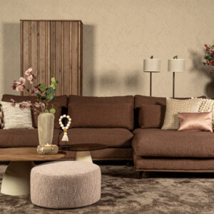 Hoekbank Carmen bruin stof met losse kussens - Lounge Zwolle woonwinkel