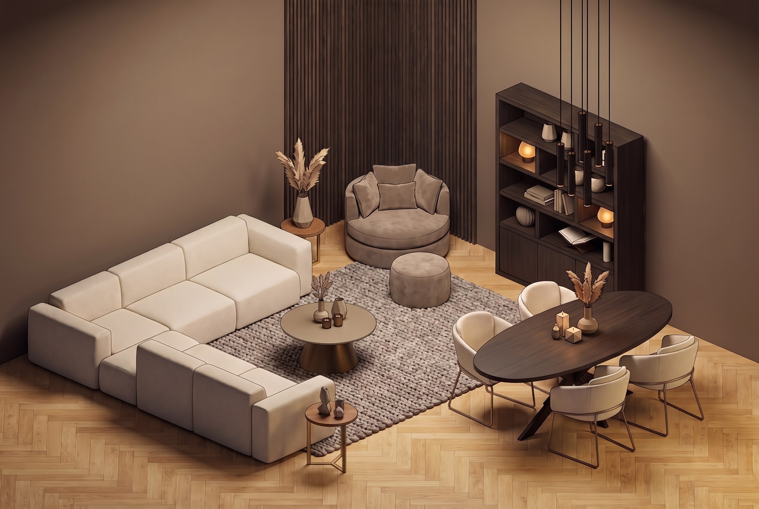 Illustratie van een ingerichte kamer in Lounge-stijl — klik op een meubelstuk om die categorie te bekijken